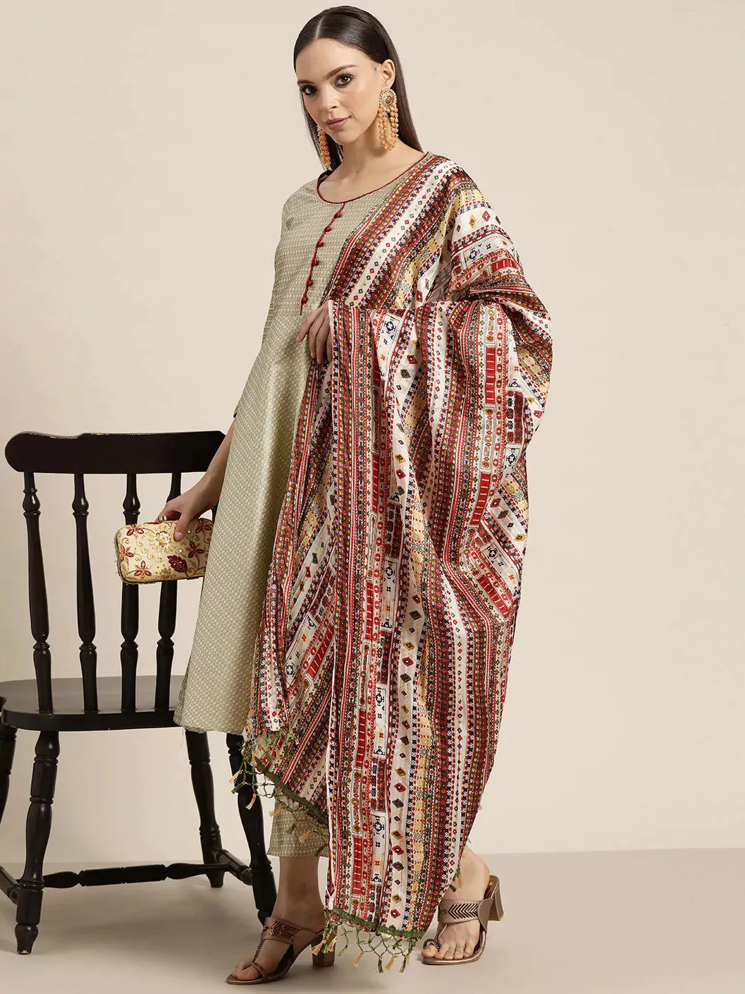 Women Dupion Silk Jacquard Kurta With Trousers & Dupatta