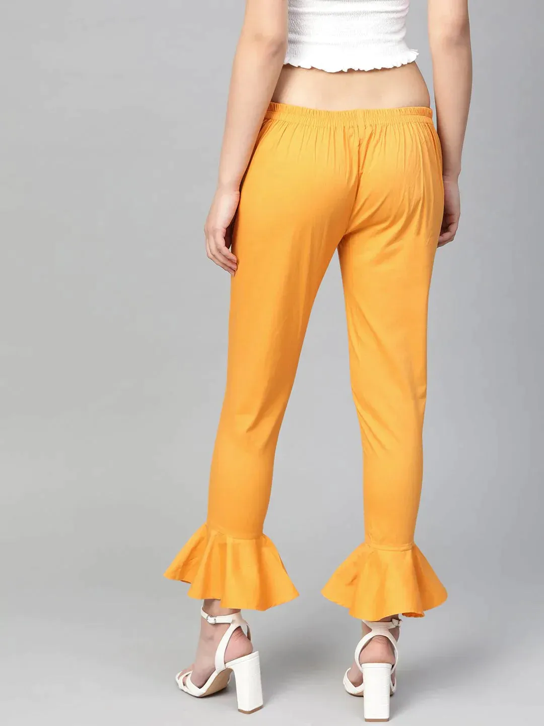 Women Mustard Smart Fit Solid Bottom Flared Trousers