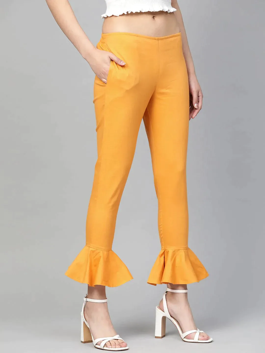 Women Mustard Smart Fit Solid Bottom Flared Trousers