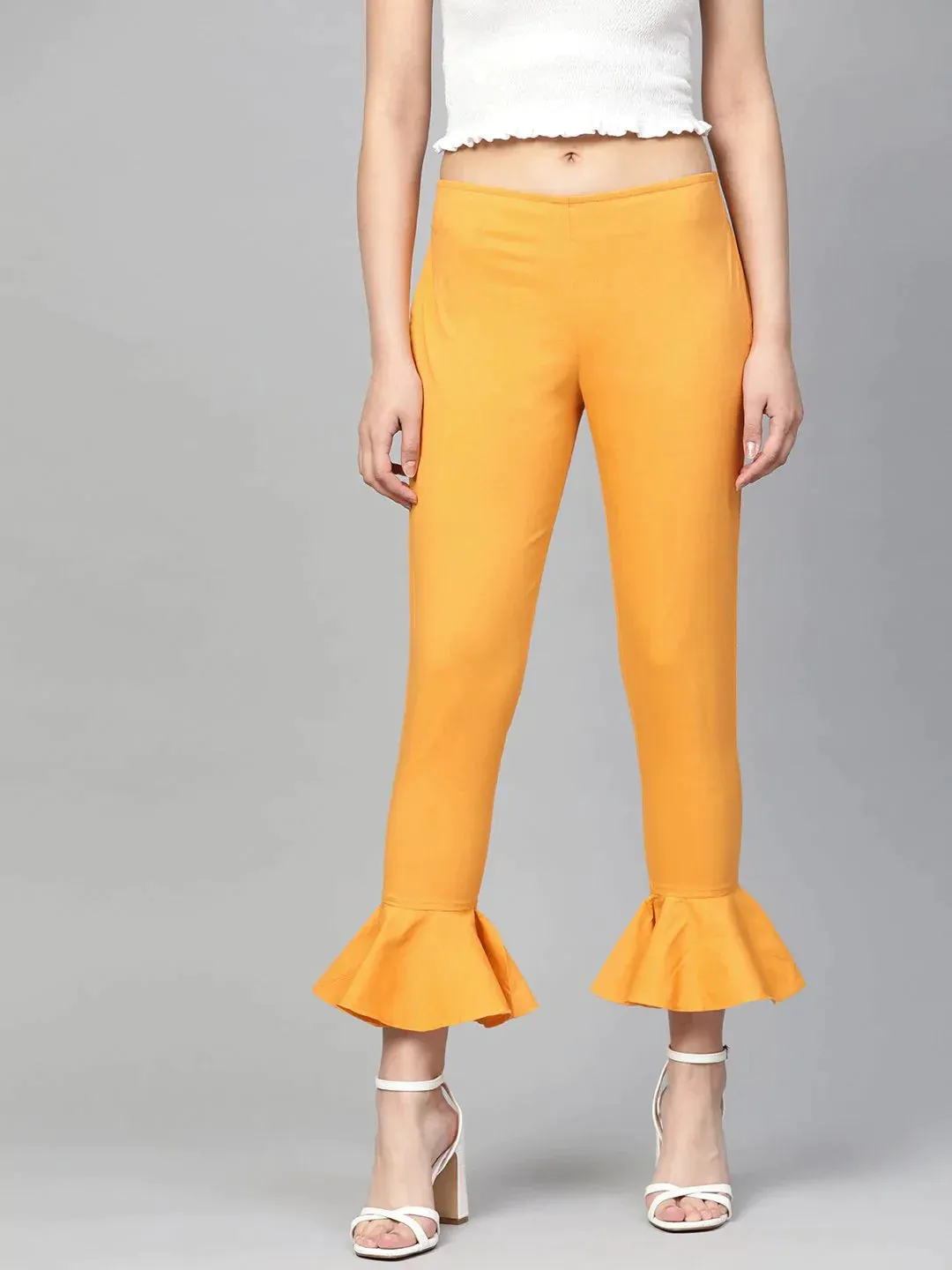 Women Mustard Smart Fit Solid Bottom Flared Trousers