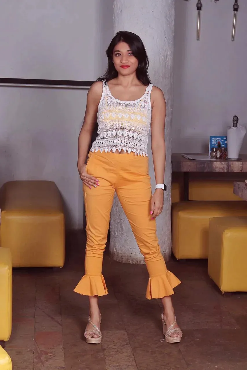 Women Mustard Smart Fit Solid Bottom Flared Trousers