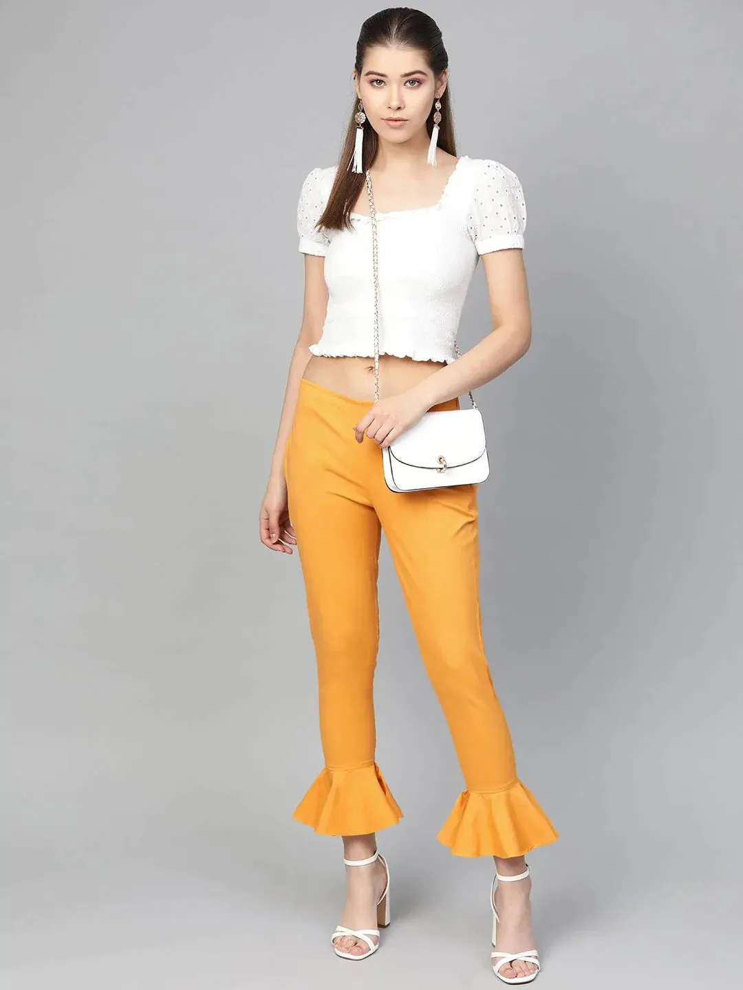 Women Mustard Smart Fit Solid Bottom Flared Trousers