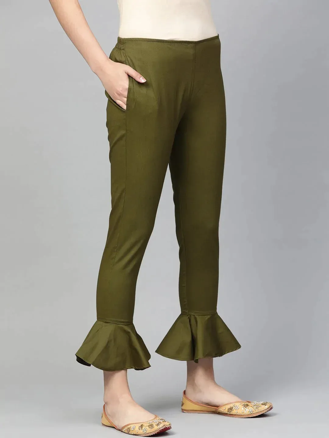 Women Olive Green Smart Fit Solid Bottom Flared Trousers