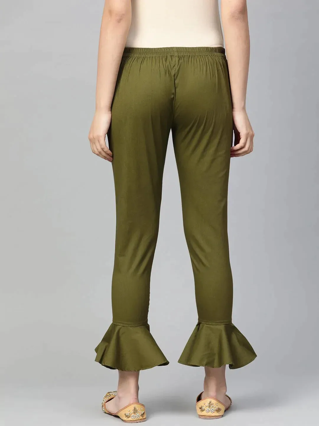 Women Olive Green Smart Fit Solid Bottom Flared Trousers