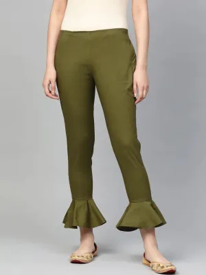 Women Olive Green Smart Fit Solid Bottom Flared Trousers