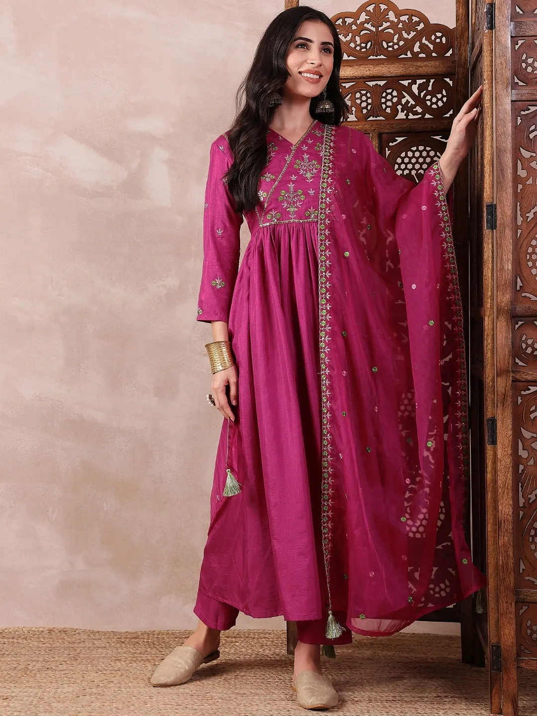 Women Pink Silk Blend Solid Embroidered A-Line Kurta Trouser With Dupatta