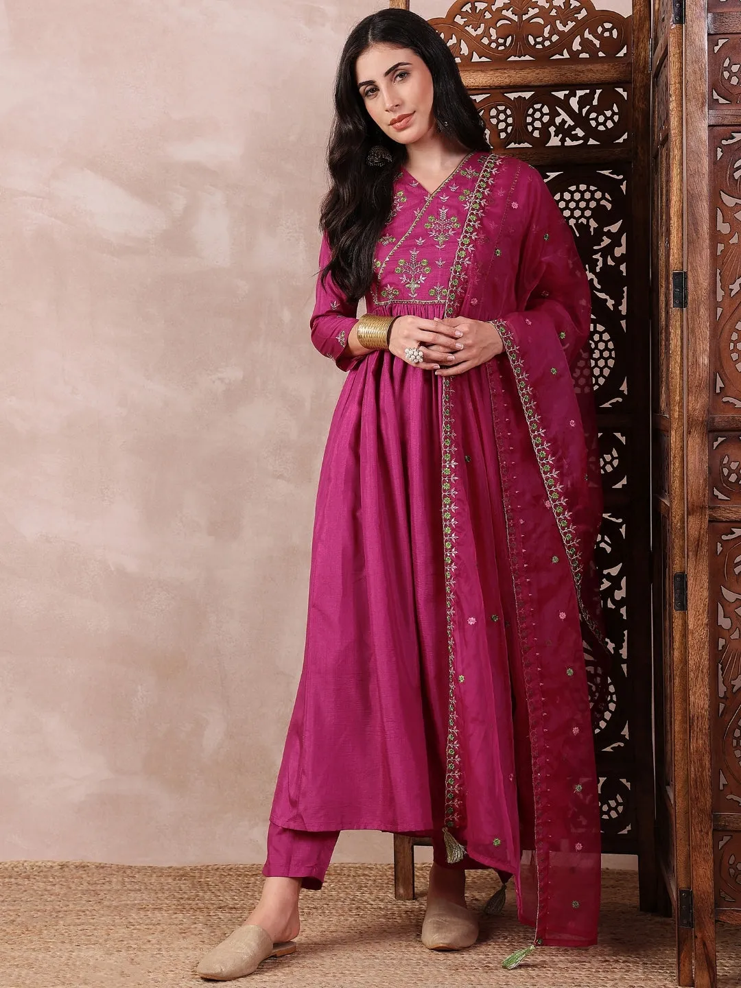 Women Pink Silk Blend Solid Embroidered A-Line Kurta Trouser With Dupatta