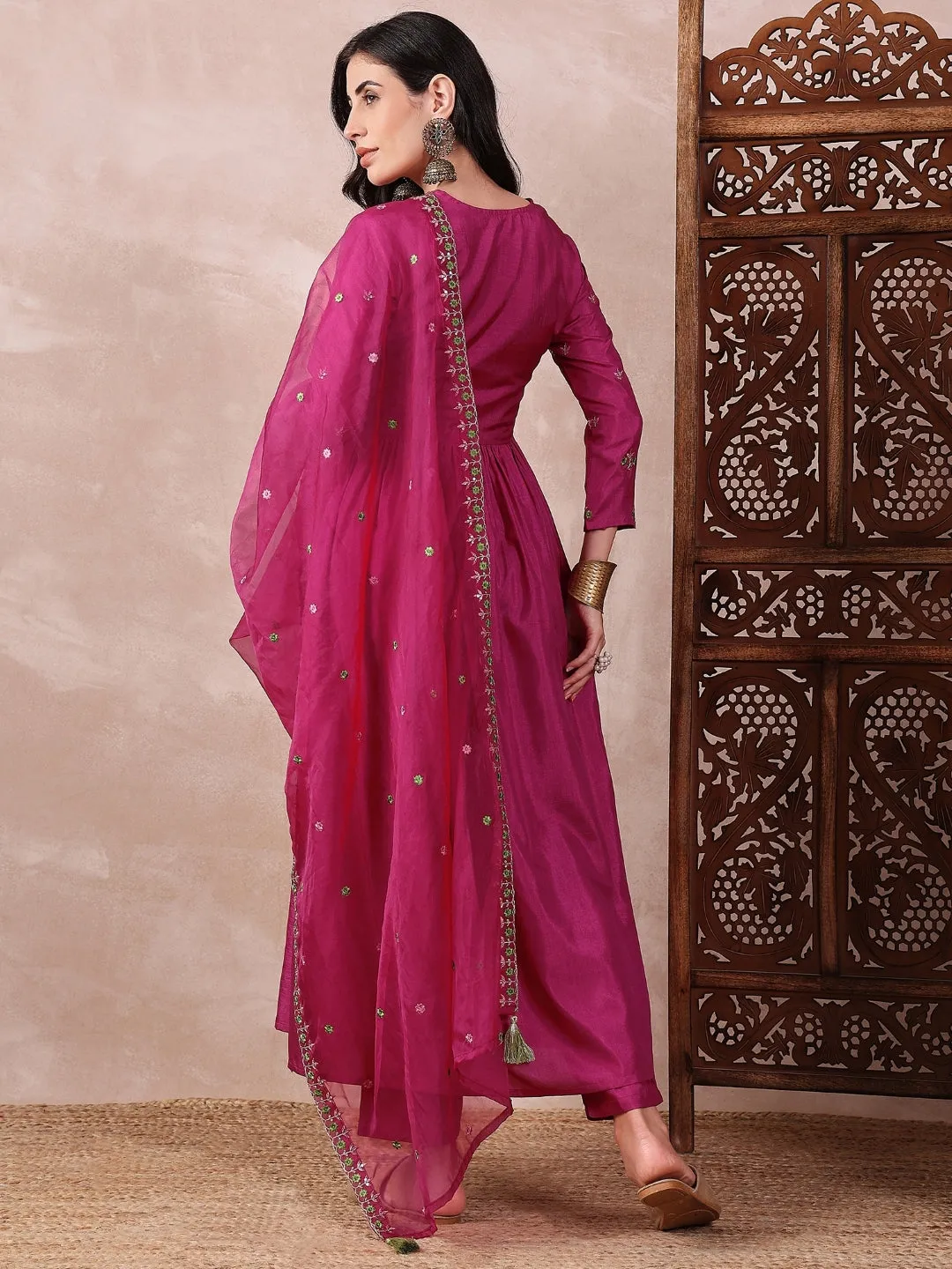 Women Pink Silk Blend Solid Embroidered A-Line Kurta Trouser With Dupatta