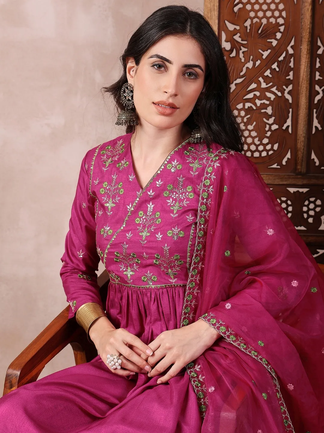 Women Pink Silk Blend Solid Embroidered A-Line Kurta Trouser With Dupatta