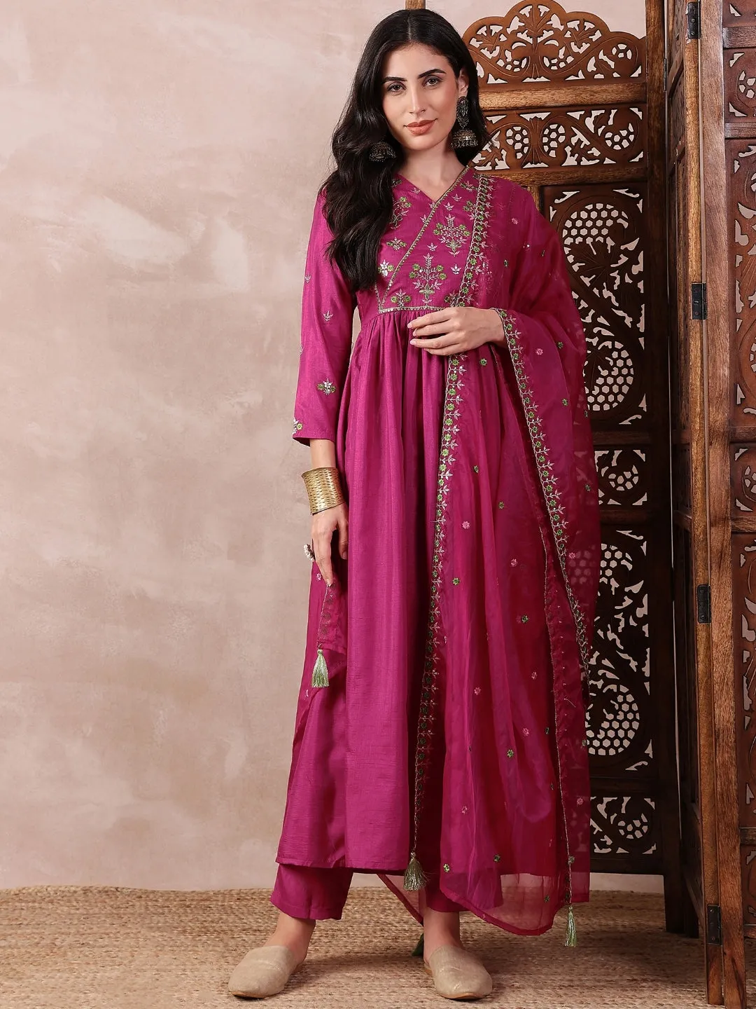 Women Pink Silk Blend Solid Embroidered A-Line Kurta Trouser With Dupatta