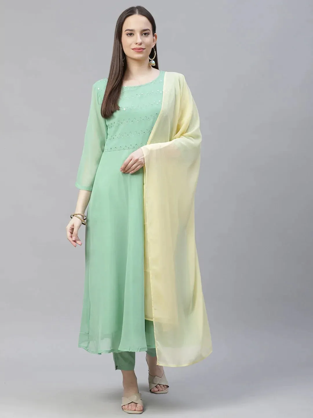 Women Sea Green Embroidered Regular Sequinned Kurta With Trousers & Dupatta