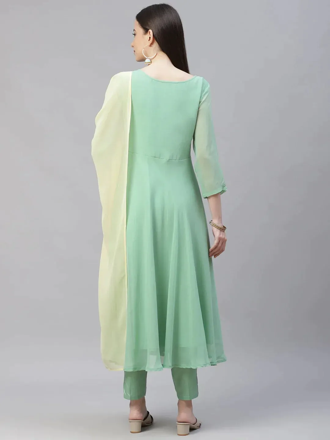 Women Sea Green Embroidered Regular Sequinned Kurta With Trousers & Dupatta