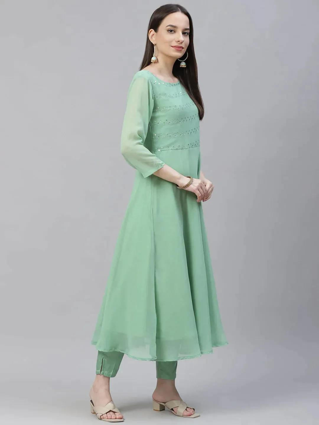 Women Sea Green Embroidered Regular Sequinned Kurta With Trousers & Dupatta