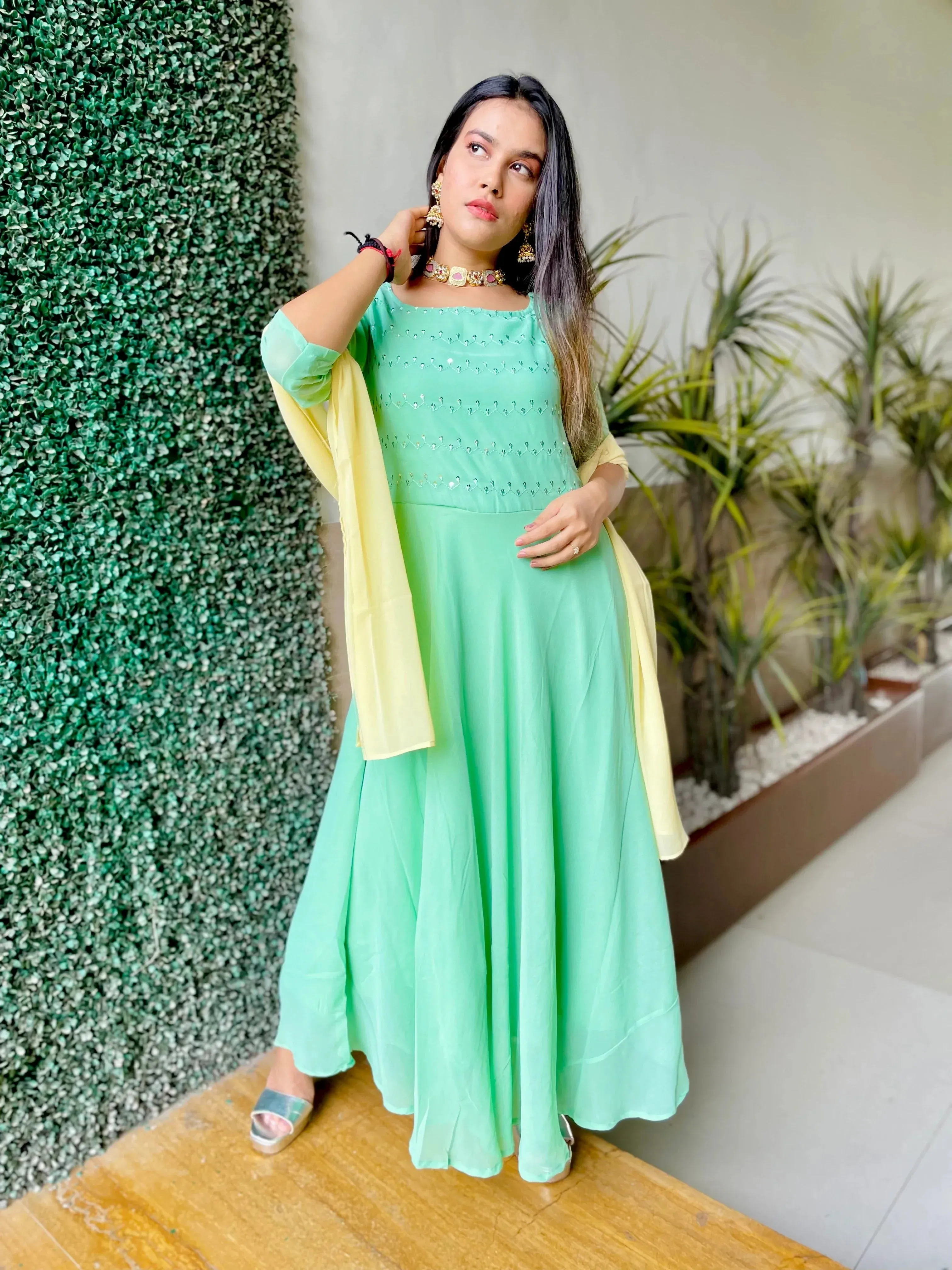 Women Sea Green Embroidered Regular Sequinned Kurta With Trousers & Dupatta