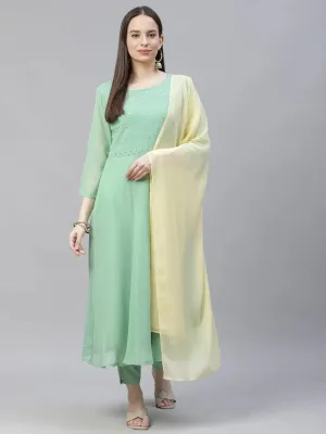 Women Sea Green Embroidered Regular Sequinned Kurta With Trousers & Dupatta