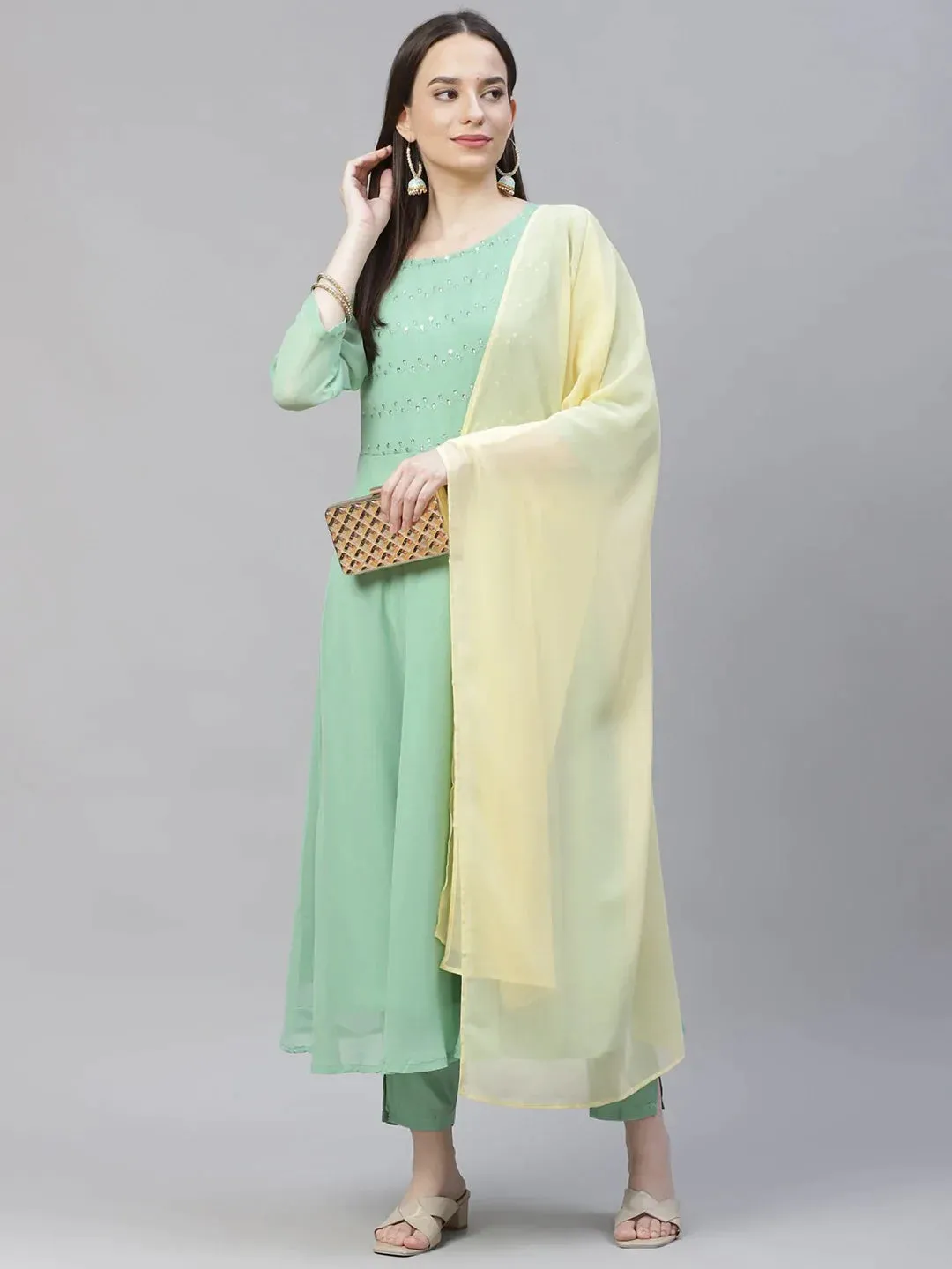 Women Sea Green Embroidered Regular Sequinned Kurta With Trousers & Dupatta