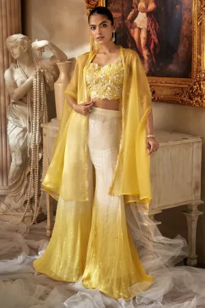 Yellow Embellished Organza Silk Cape Set